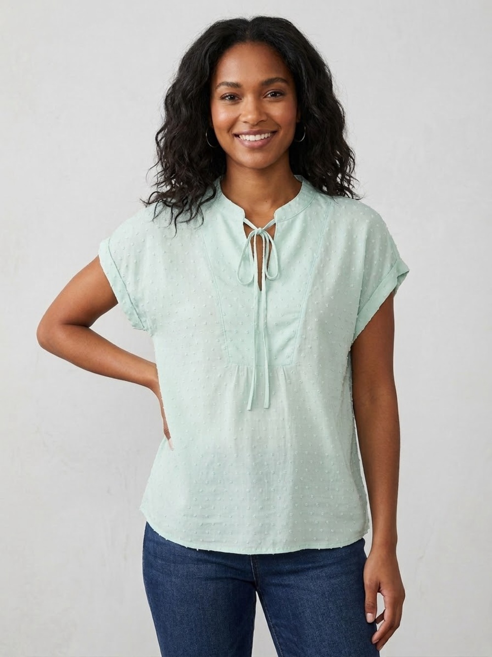 NWT Pleione Light Mint Tie-Neck Swiss Dot Blouse - Women's Top size large